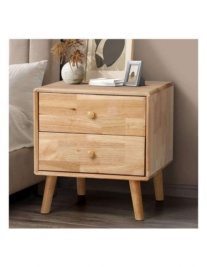Oikiture Bedside Table 2 Drawers Side Tables Storage Nightstand Rubber Wood image 4
