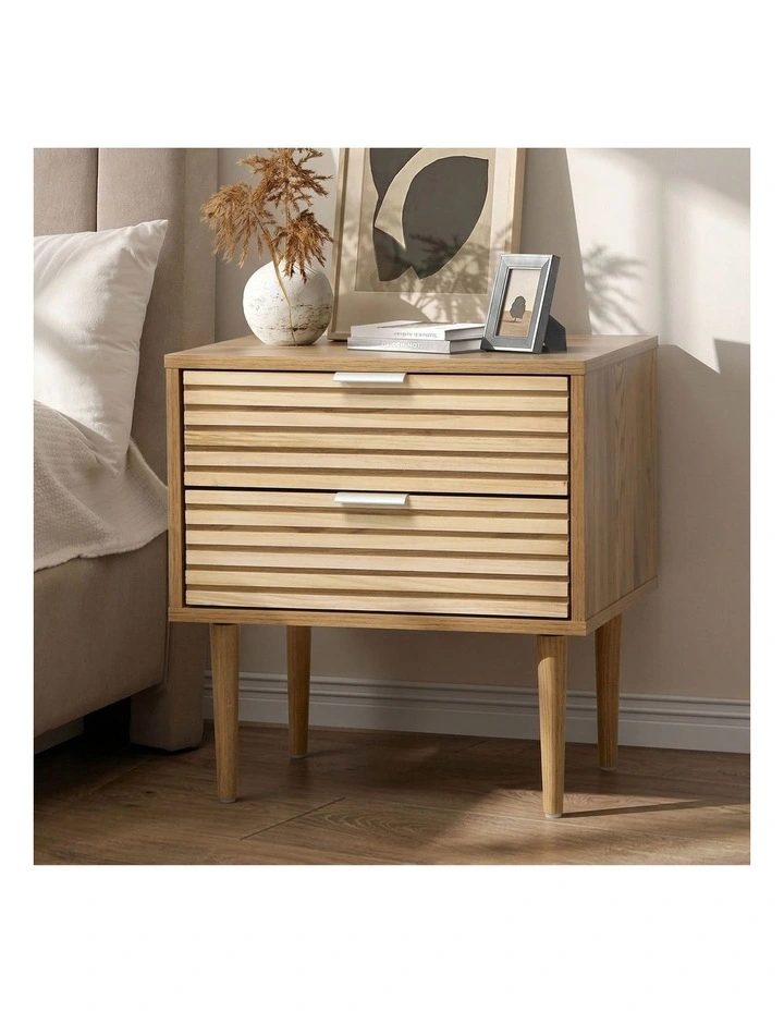 Oikiture Bedside Table 2 Drawers Side Table Cabinet Metal Handle Natural image 4