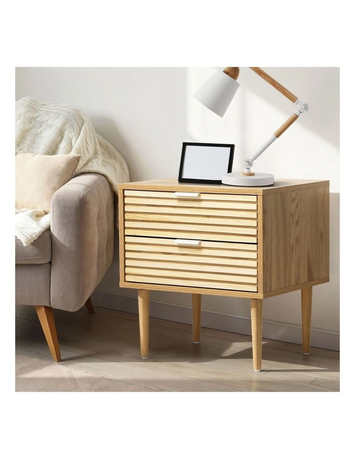 Oikiture Bedside Table 2 Drawers Side Table Cabinet Metal Handle Natural image 5