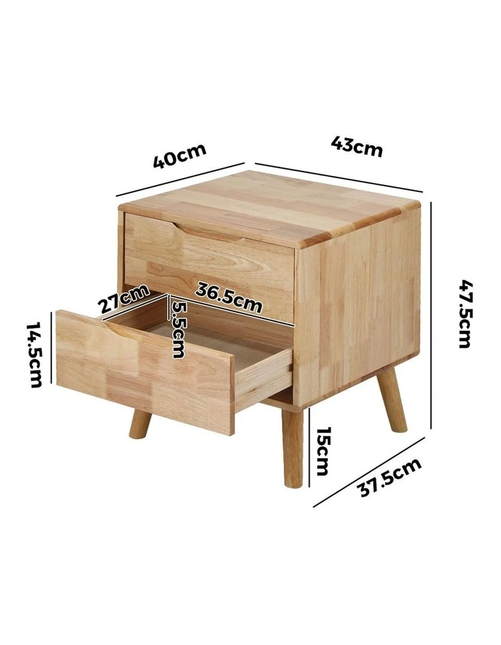 Oikiture Bedside Table 2 Drawers Storage Nightstand Solid Wood Natural image 3