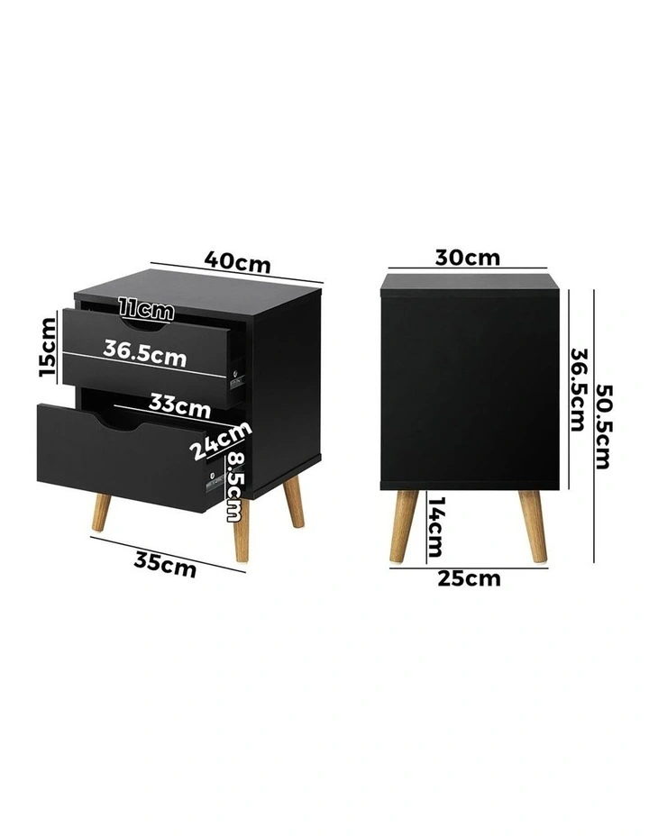 Oikiture Bedside Tables 2 Drawers Side Table Bedroom Furniture Storage Black image 3