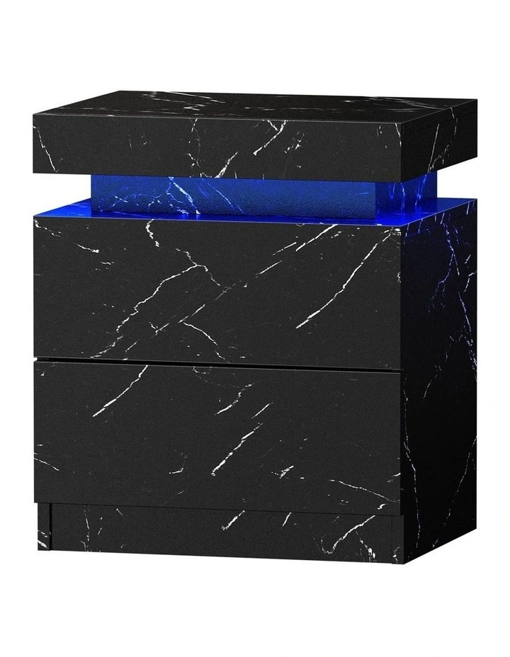 Oikiture Bedside Table 2 Drawers LED Side Tables Nightstand Marble Effect Black image 1