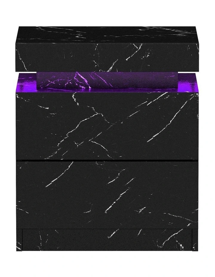Oikiture Bedside Table 2 Drawers LED Side Tables Nightstand Marble Effect Black image 2