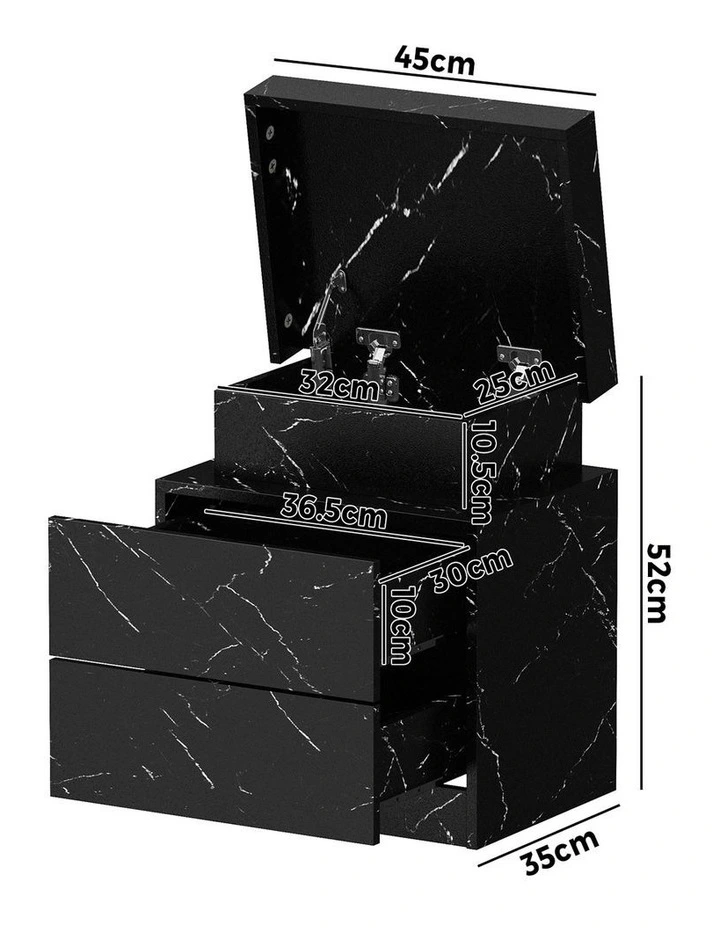 Oikiture Bedside Table 2 Drawers LED Side Tables Nightstand Marble Effect Black image 3