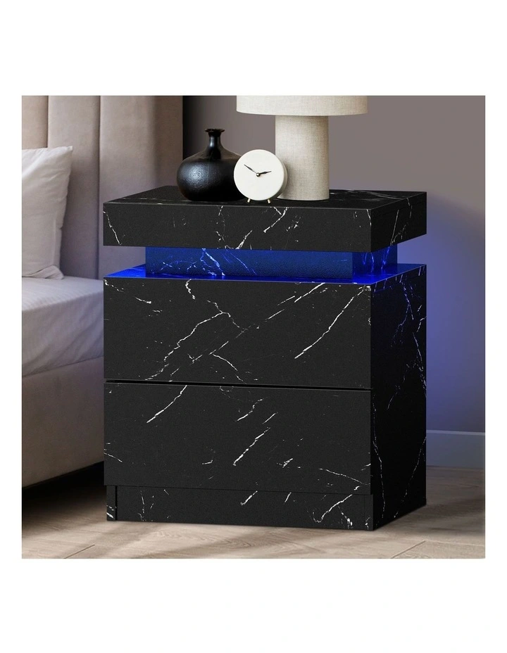 Oikiture Bedside Table 2 Drawers LED Side Tables Nightstand Marble Effect Black image 4