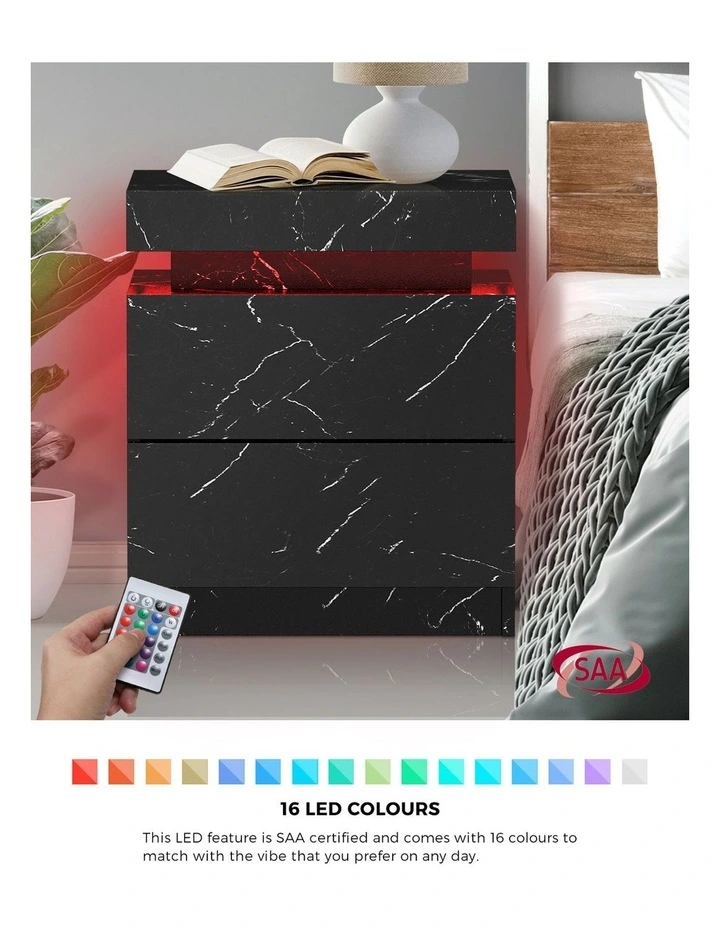 Oikiture Bedside Table 2 Drawers LED Side Tables Nightstand Marble Effect Black image 5