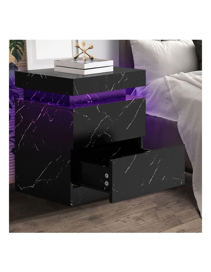Oikiture Bedside Table 2 Drawers LED Side Tables Nightstand Marble Effect Black image 7