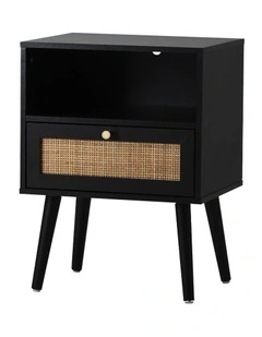 Oikiture Bedside Table Side Table Storage Drawer Shelf Nightstand Rattan Black