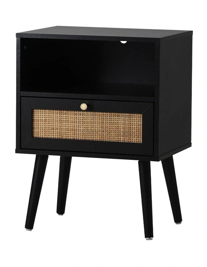 Oikiture Bedside Table Side Table Storage Drawer Shelf Nightstand Rattan Black image 1