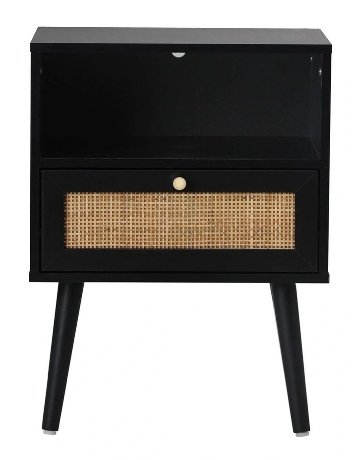 Oikiture Bedside Table Side Table Storage Drawer Shelf Nightstand Rattan Black image 2