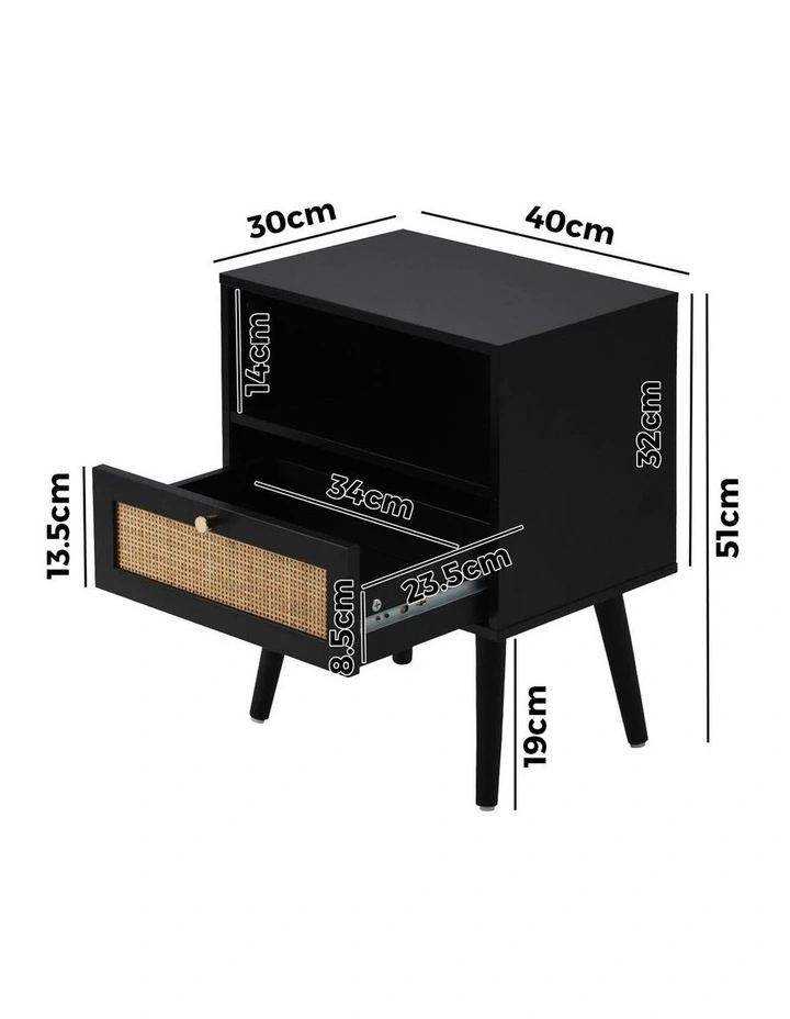 Oikiture Bedside Table Side Table Storage Drawer Shelf Nightstand Rattan Black image 3