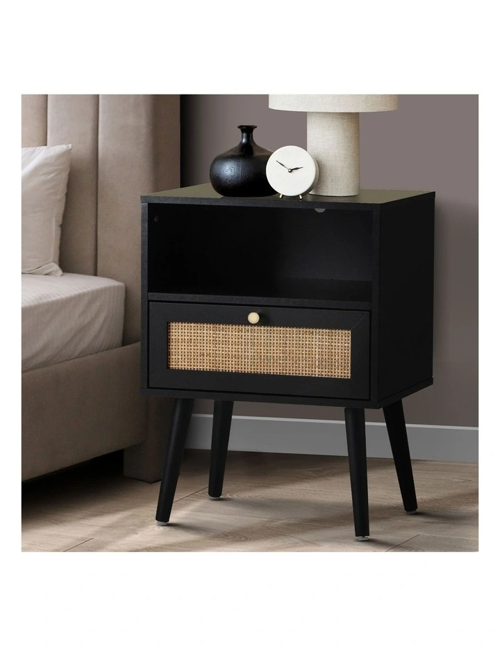 Oikiture Bedside Table Side Table Storage Drawer Shelf Nightstand Rattan Black image 4