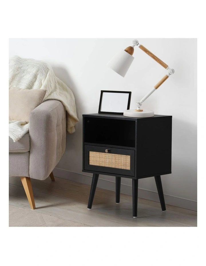 Oikiture Bedside Table Side Table Storage Drawer Shelf Nightstand Rattan Black image 5