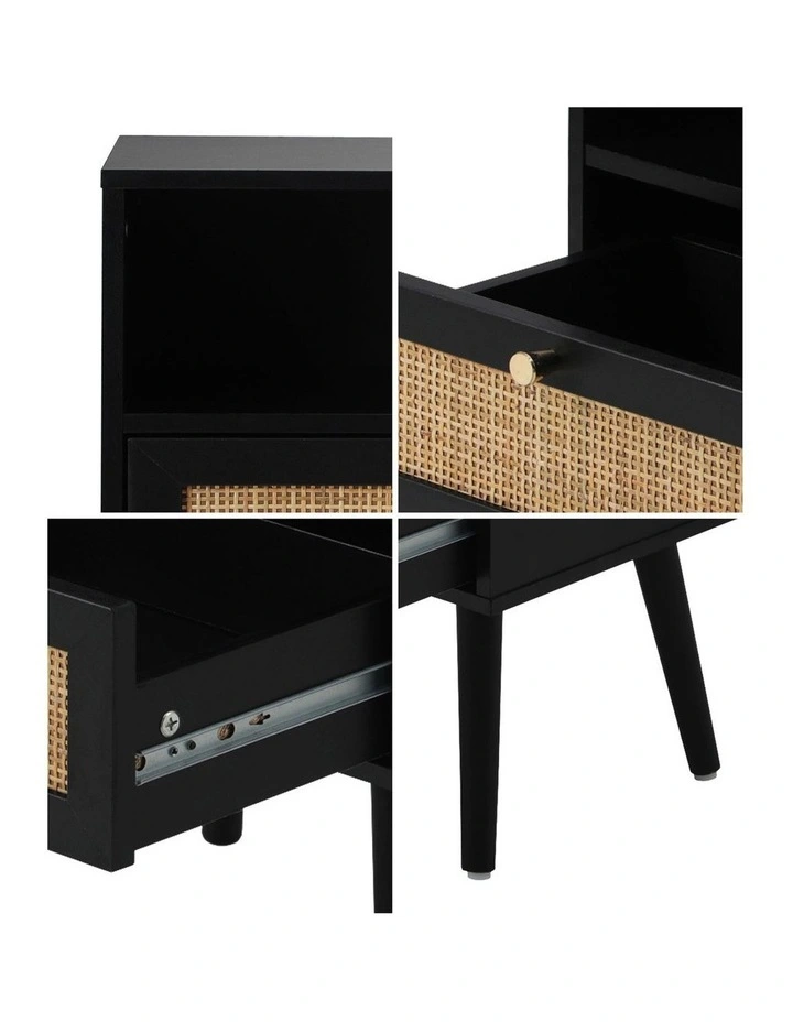 Oikiture Bedside Table Side Table Storage Drawer Shelf Nightstand Rattan Black image 6