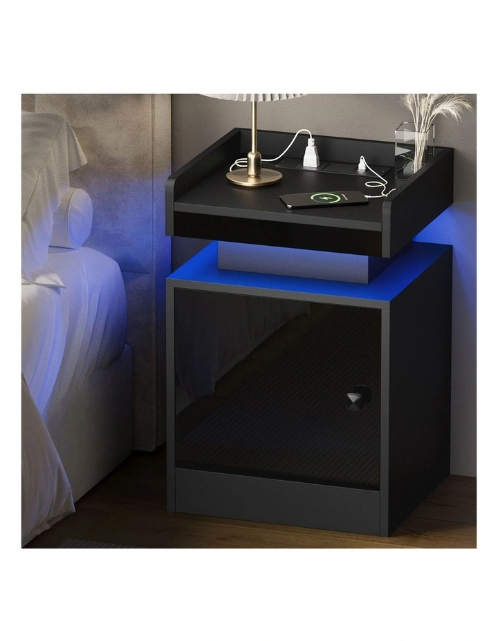 Oikiture Bedside Table LED Nightstand USB Charging Station Side Table Black image 4