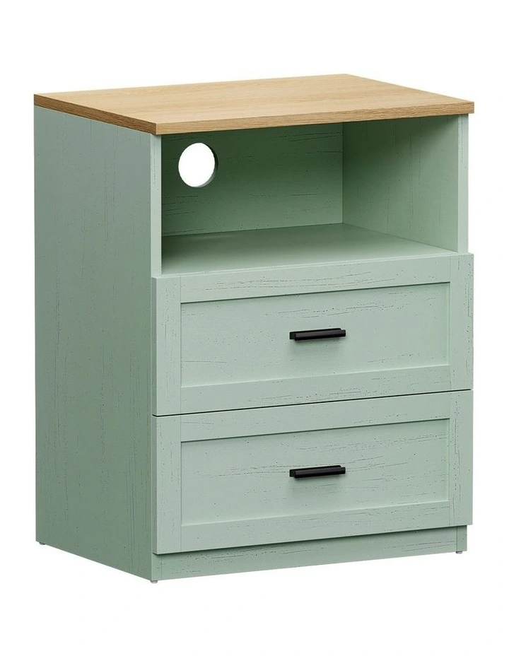 Oikiture Bedside Table 2 Drawers Open Shelf Nightstand Cabinet Natural&Green image 1