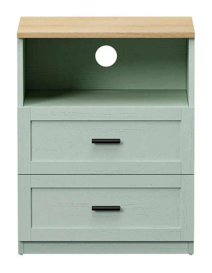 Oikiture Bedside Table 2 Drawers Open Shelf Nightstand Cabinet Natural&Green image 2