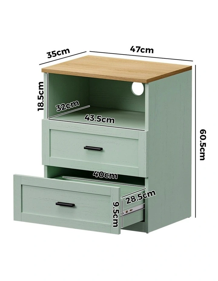 Oikiture Bedside Table 2 Drawers Open Shelf Nightstand Cabinet Natural&Green image 3
