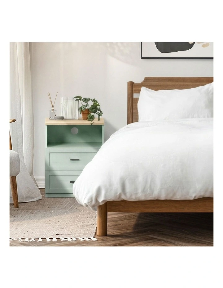 Oikiture Bedside Table 2 Drawers Open Shelf Nightstand Cabinet Natural&Green image 7