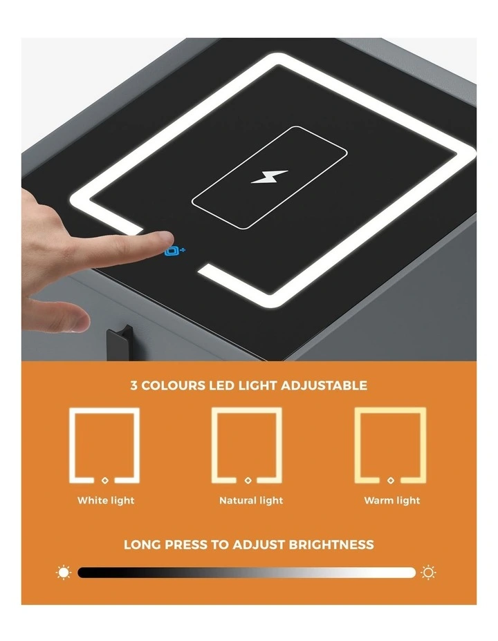 Oikiture Smart Bedside Table Wireless Charging LED Lights 2 Drawers Nightstand image 5