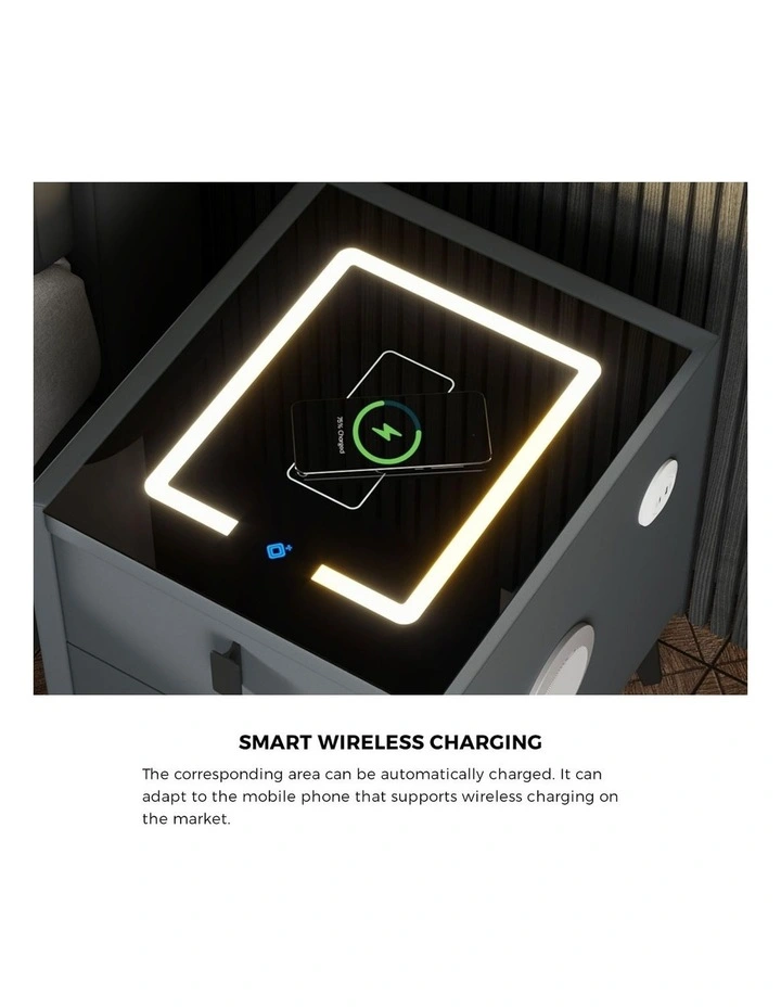 Oikiture Smart Bedside Table Wireless Charging LED Lights 2 Drawers Nightstand image 6
