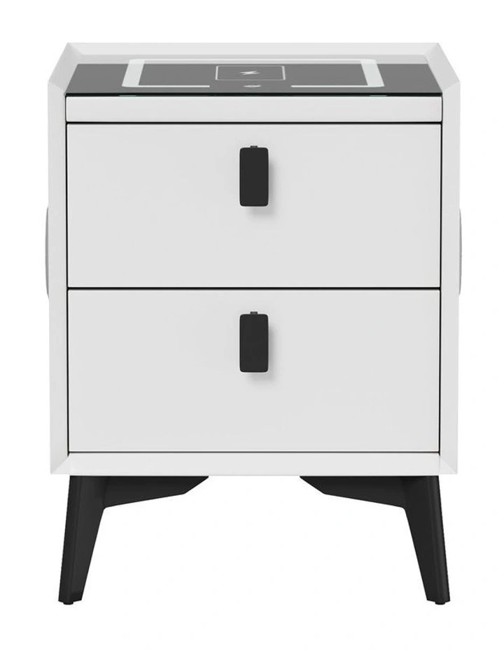 Oikiture Smart Bedside Table Wireless Charging LED 2 Drawers Nightstand White image 2