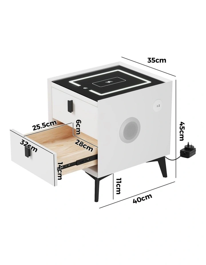 Oikiture Smart Bedside Table Wireless Charging LED 2 Drawers Nightstand White image 3