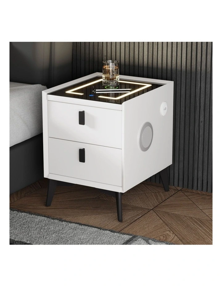 Oikiture Smart Bedside Table Wireless Charging LED 2 Drawers Nightstand White image 4