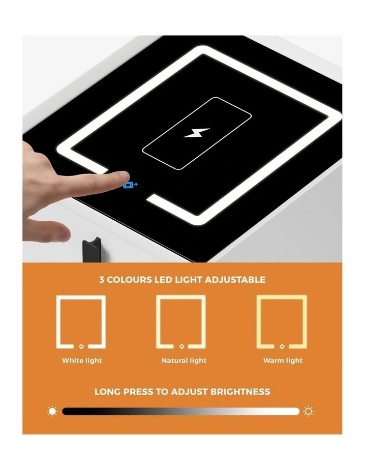 Oikiture Smart Bedside Table Wireless Charging LED 2 Drawers Nightstand White image 5