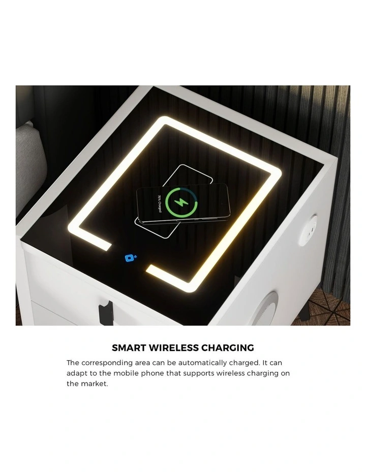 Oikiture Smart Bedside Table Wireless Charging LED 2 Drawers Nightstand White image 6
