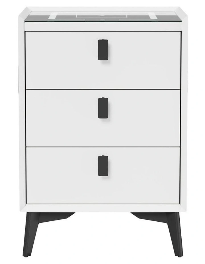 Oikiture Smart Bedside Table Wireless Charging LED 3 Drawers Nightstand White image 2