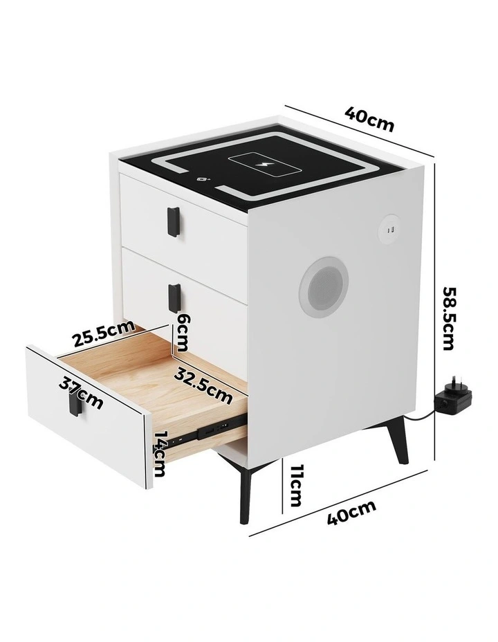 Oikiture Smart Bedside Table Wireless Charging LED 3 Drawers Nightstand White image 3