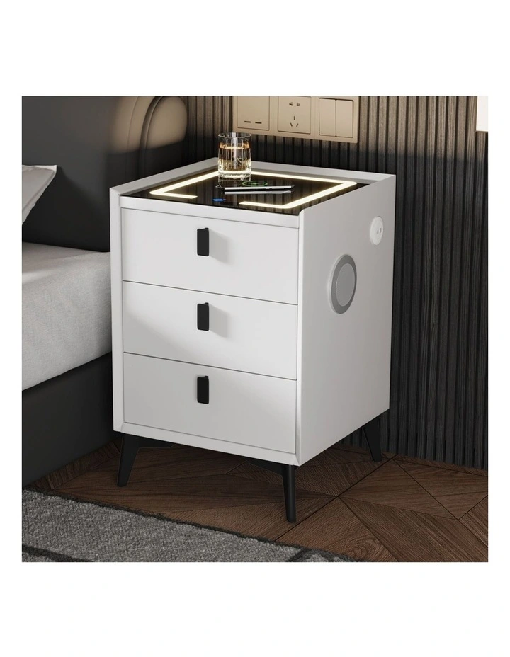 Oikiture Smart Bedside Table Wireless Charging LED 3 Drawers Nightstand White image 4