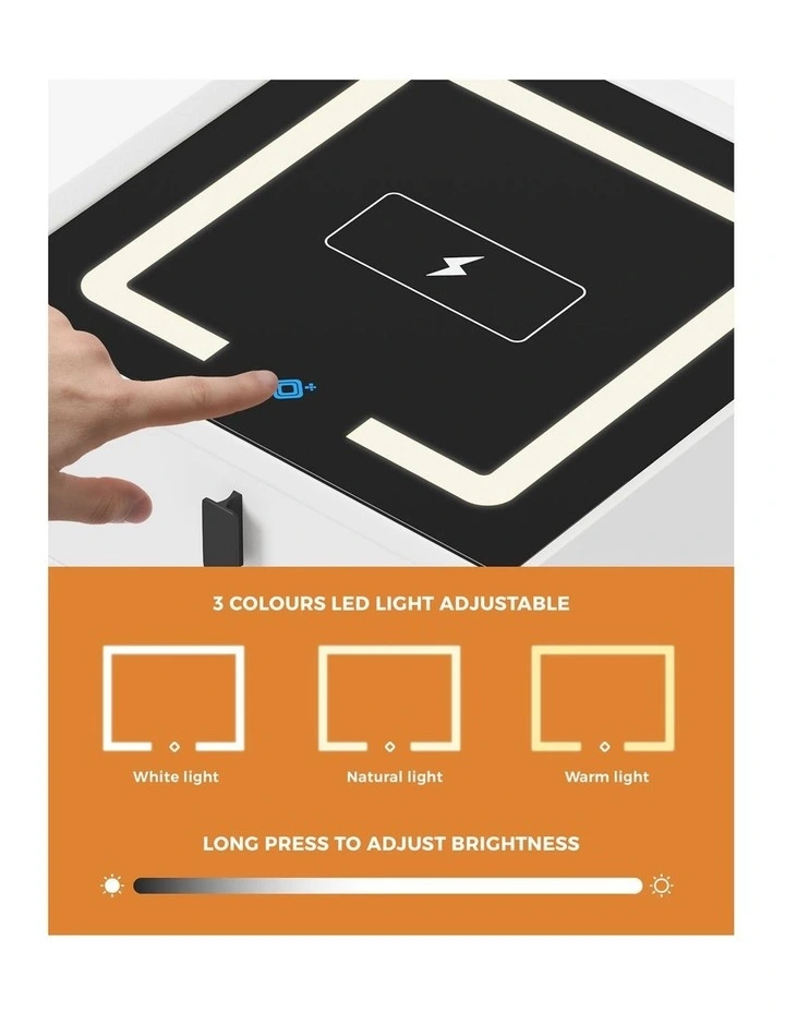 Oikiture Smart Bedside Table Wireless Charging LED 3 Drawers Nightstand White image 5