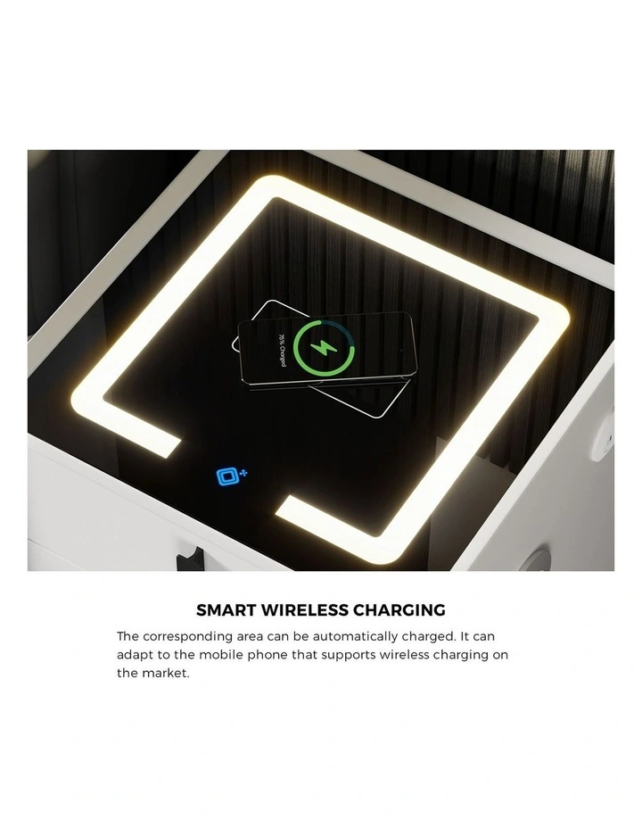 Oikiture Smart Bedside Table Wireless Charging LED 3 Drawers Nightstand White image 6