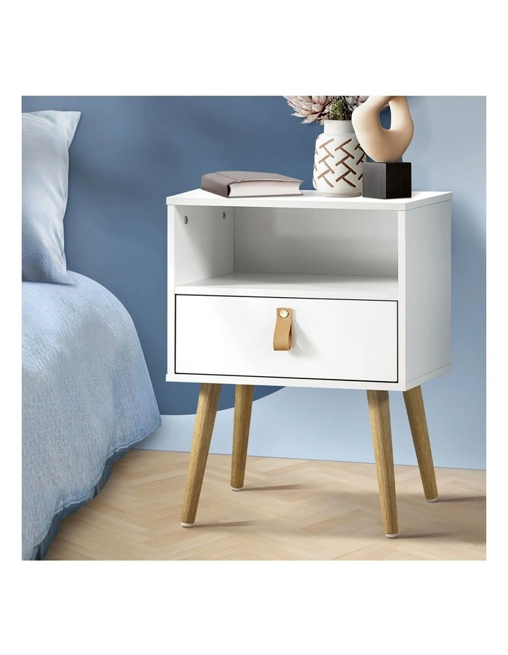 Oikiture Bedside Tables Side Table Drawer Cabinet w/ Leather Handle White image 4