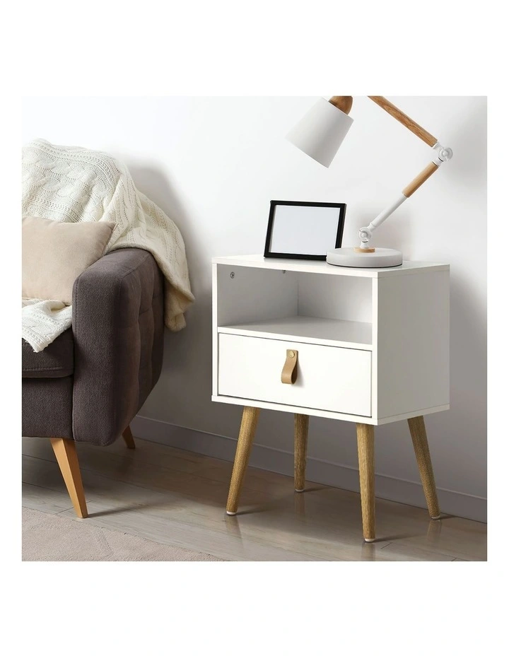 Oikiture Bedside Tables Side Table Drawer Cabinet w/ Leather Handle White image 5