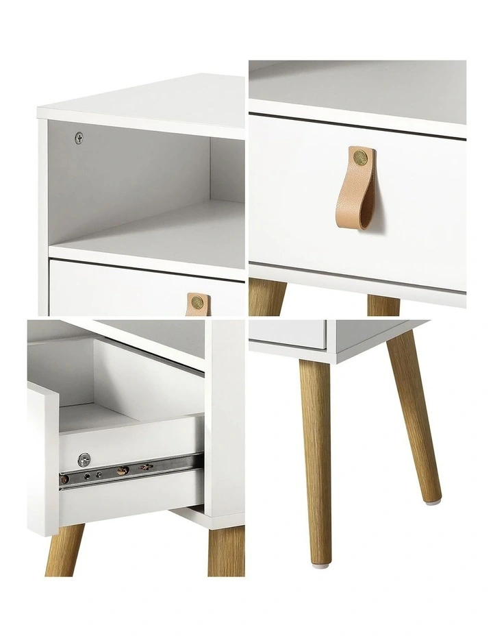 Oikiture Bedside Tables Side Table Drawer Cabinet w/ Leather Handle White image 6