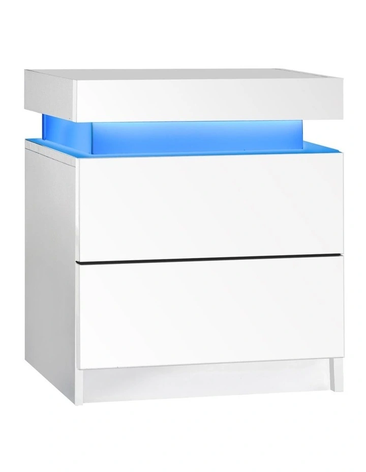 Oikiture Bedside Table RGB LED Nightstand Cabinet 2 Drawers Side Table Furniture image 2
