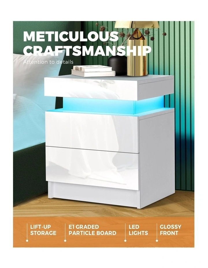 Oikiture Bedside Table RGB LED Nightstand Cabinet 2 Drawers Side Table Furniture image 5