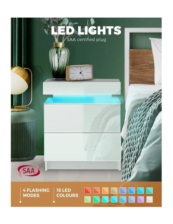 Oikiture Bedside Table RGB LED Nightstand Cabinet 2 Drawers Side Table Furniture image 6