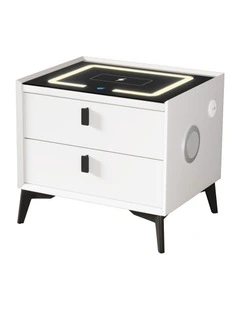 Oikiture Smart Bedside Table LED Wireless Charging 2 Drawers Nightstand White