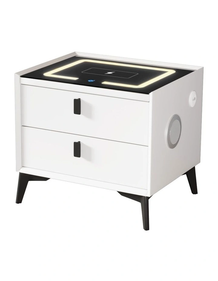 Oikiture Smart Bedside Table LED Wireless Charging 2 Drawers Nightstand White image 1
