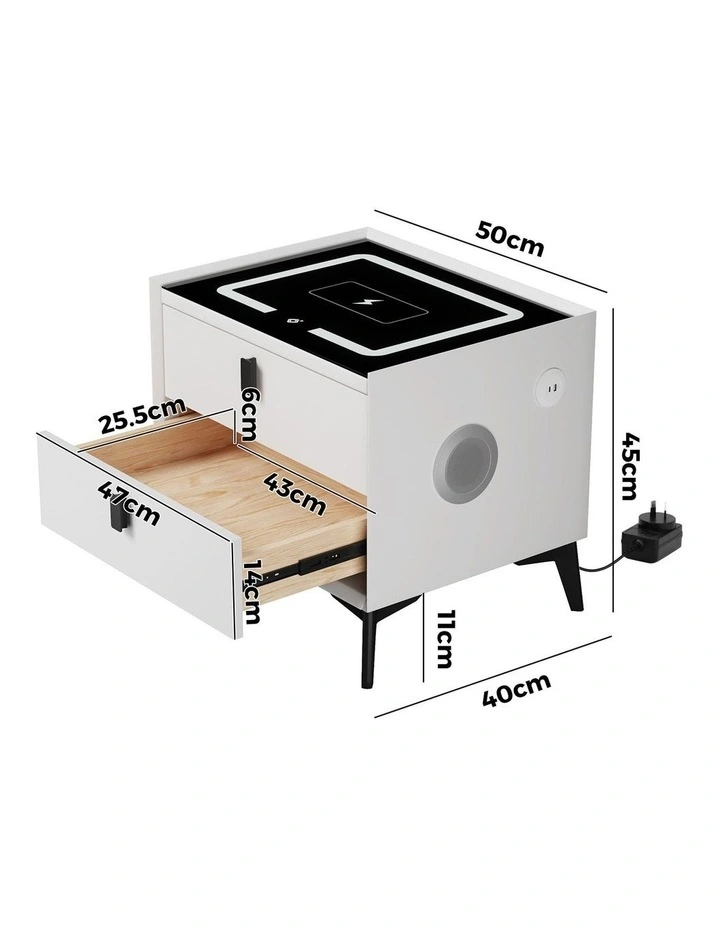 Oikiture Smart Bedside Table LED Wireless Charging 2 Drawers Nightstand White image 3