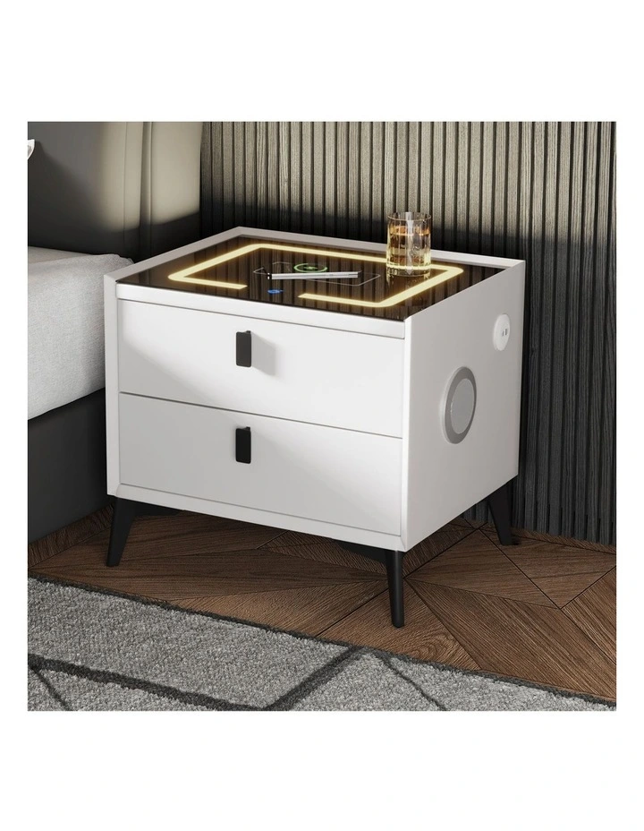 Oikiture Smart Bedside Table LED Wireless Charging 2 Drawers Nightstand White image 4