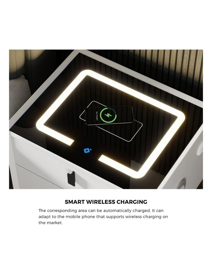 Oikiture Smart Bedside Table LED Wireless Charging 2 Drawers Nightstand White image 6