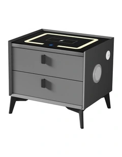 Oikiture Smart Bedside Table Wireless Charging LED 2 Drawers Nightstand Grey