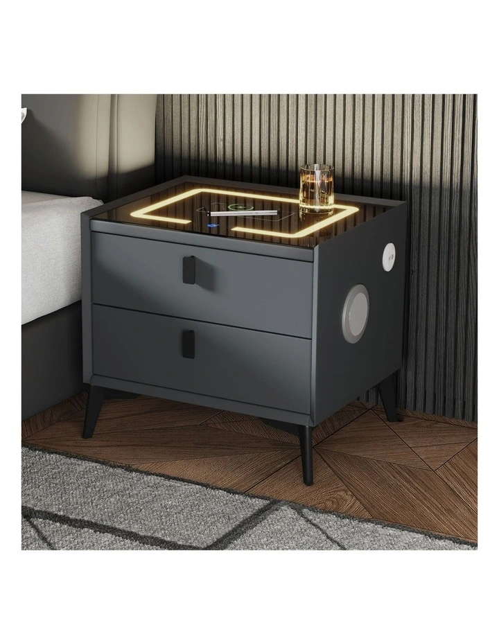 Oikiture Smart Bedside Table Wireless Charging LED 2 Drawers Nightstand Grey image 4