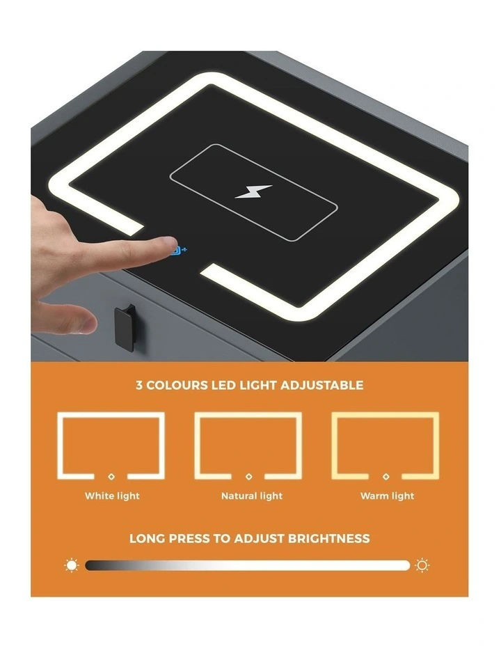 Oikiture Smart Bedside Table Wireless Charging LED 2 Drawers Nightstand Grey image 5