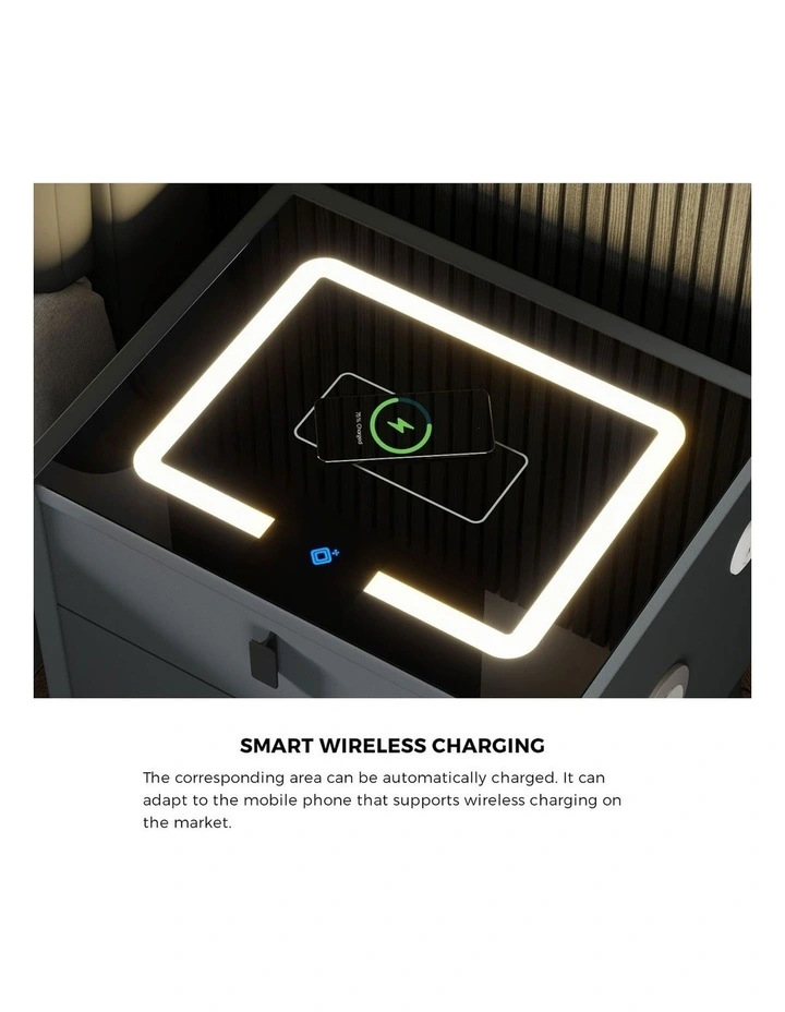 Oikiture Smart Bedside Table Wireless Charging LED 2 Drawers Nightstand Grey image 6